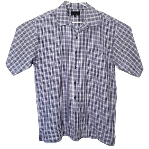Barcode Casual Button Up Shirt Men's XL Short Sleeve Blue Plaid Polyester - Picture 1 of 3